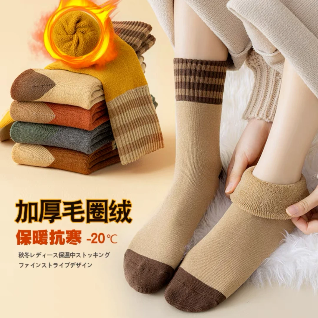 厚袜子女秋冬季中筒袜加厚加绒毛圈袜日系纯棉保暖袜复古条纹长袜