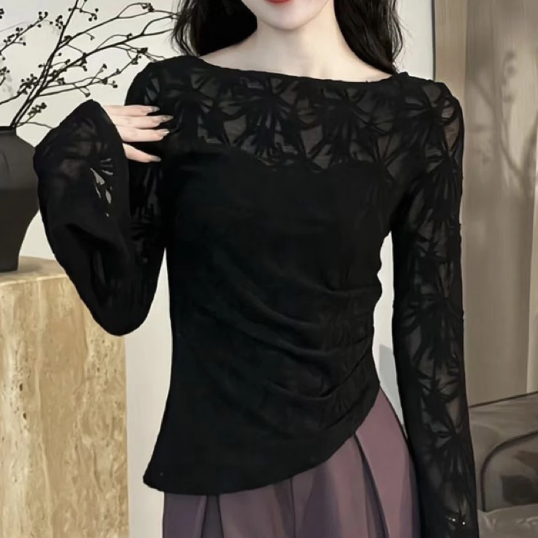 2025新款提花不规则洋气长袖T恤女春秋小众显瘦蕾丝打底衫上衣潮
