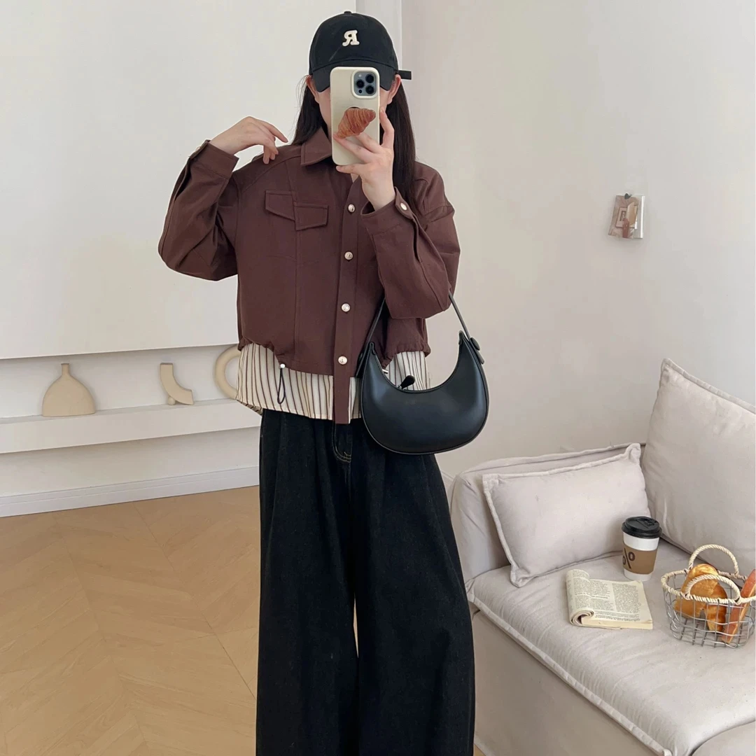 法式复古条纹拼接假两件短外套秋冬2025新款时尚宽松休闲显瘦上衣