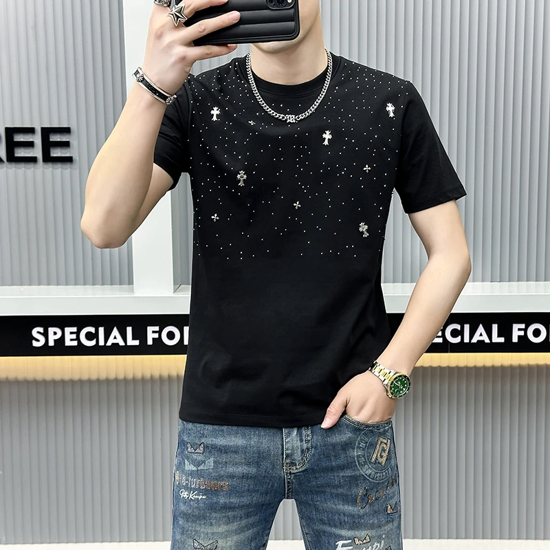 高端欧版男士夏季男士十字架装饰满天星烫钻圆领短袖t恤