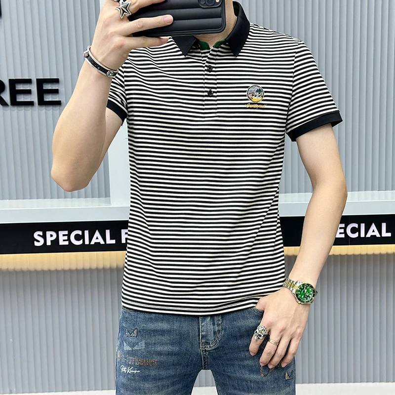 高端欧版男士夏条纹翻领短袖男刺绣polo衫青年休闲百搭