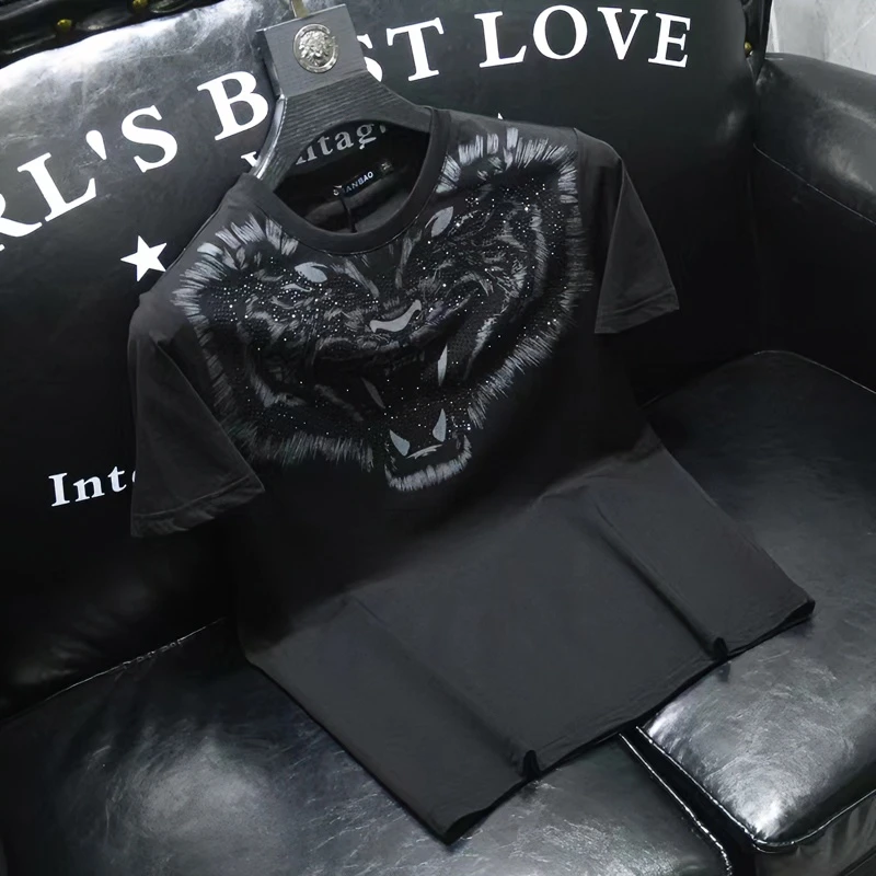 高端半袖男士潮牌夏季虎头烫钻印花休闲T恤上衣男圆领男士轻奢