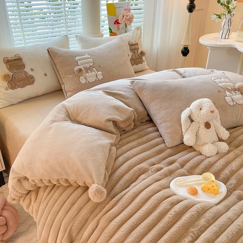 ins风牛奶绒四件套秋冬加厚珊瑚绒加绒单人床三件套床上用品床单