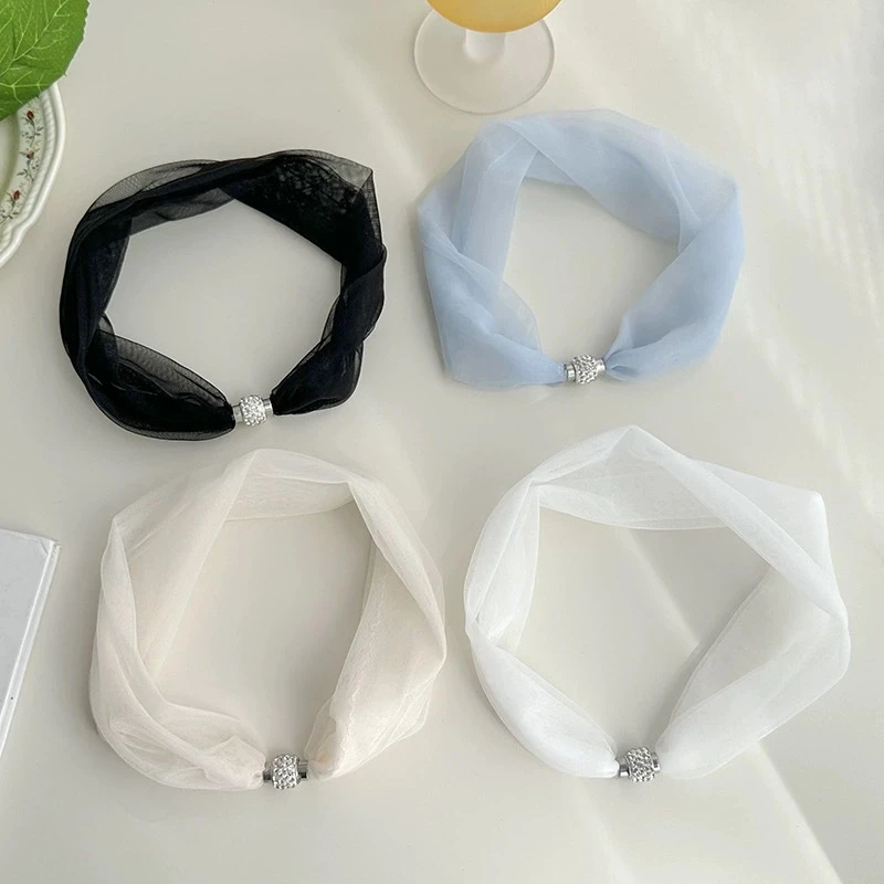 网红磁扣护颈丝巾女时尚百搭遮颈纹围脖网纱透气内搭装饰配饰纱巾