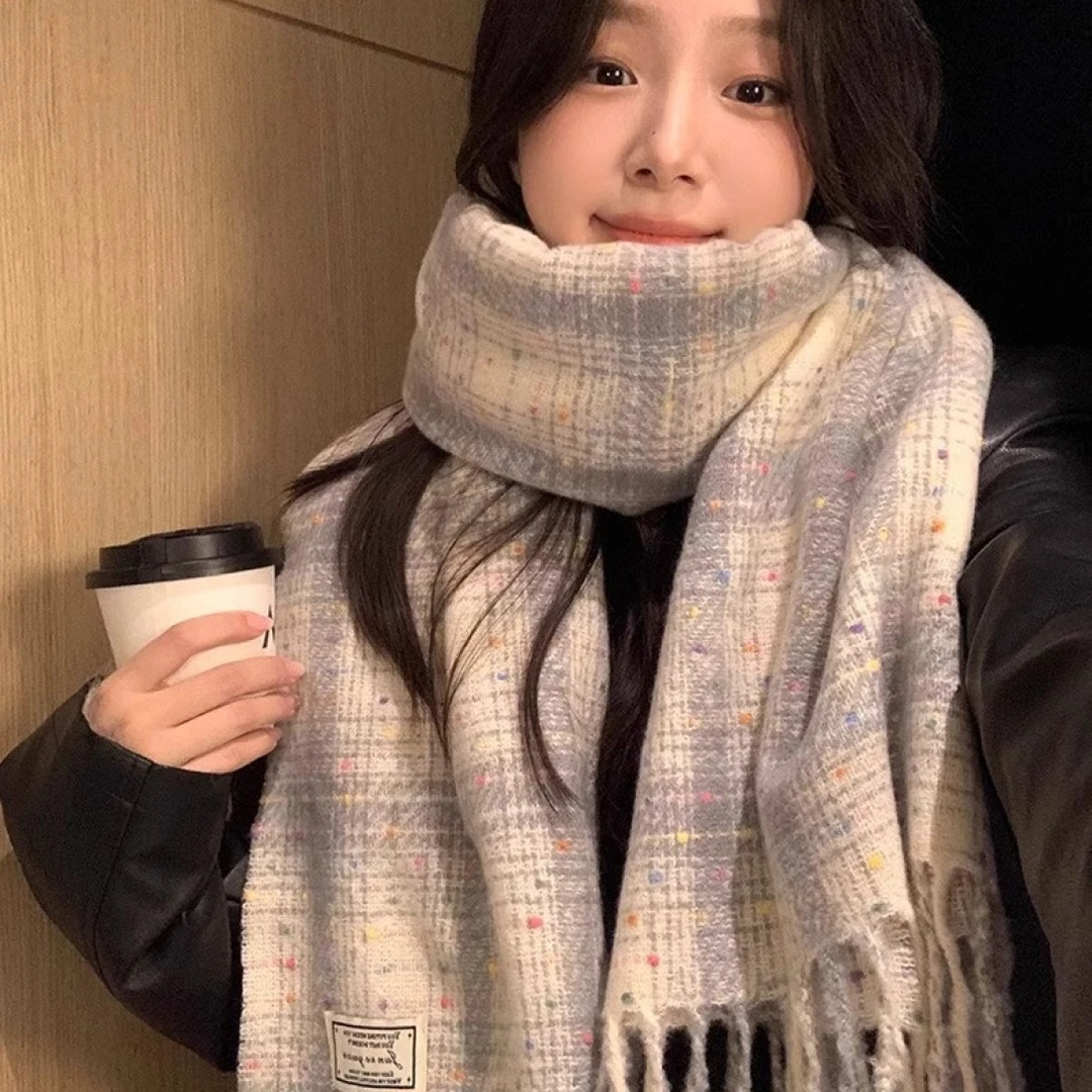 2024新款韩版彩虹糖格纹围巾女秋冬学生情侣披肩网红百搭保暖围脖