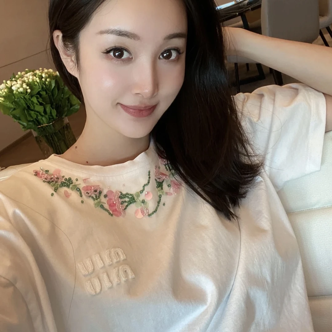 全新未使用 MIU MIU/缪缪 立体亮片刺绣棉质圆领短袖T恤