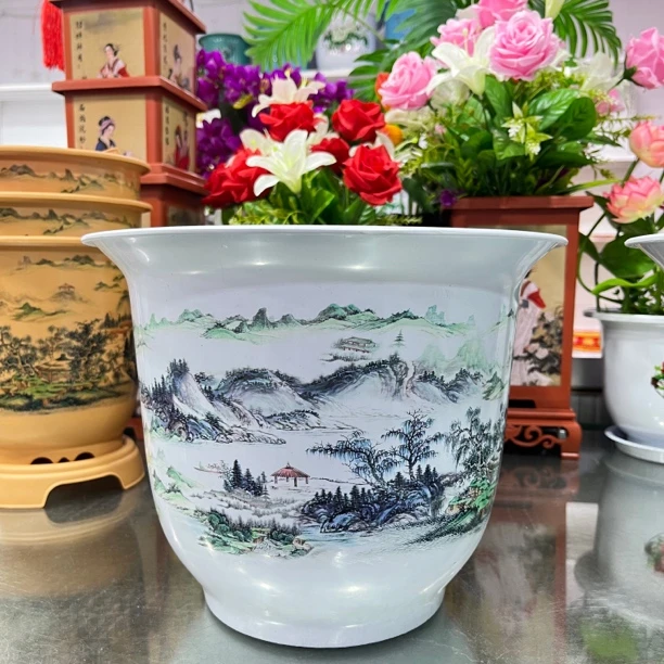 2个310#白色山水花盆 送托盘(直径30厘米高度23厘米)