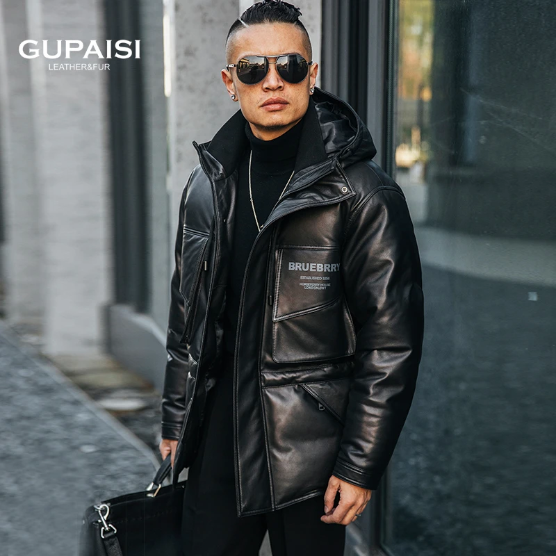 Gupaisi/古派诗高端绵羊皮白鹅绒男士加厚保暖连帽防风时尚外套