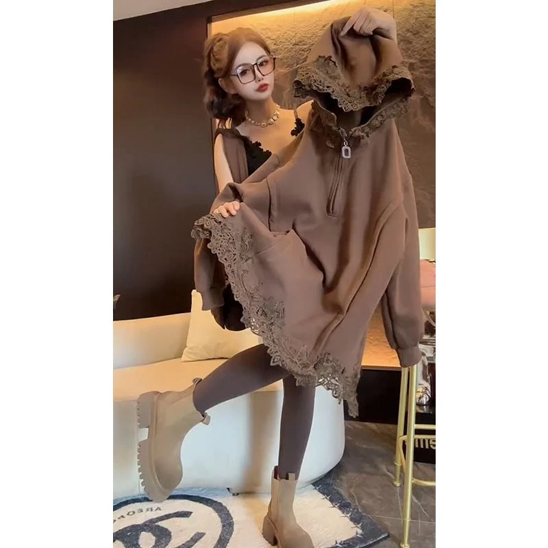 欧洲站2024冬季新款小众设计款百搭拼接蕾丝中长款加绒连帽卫衣潮