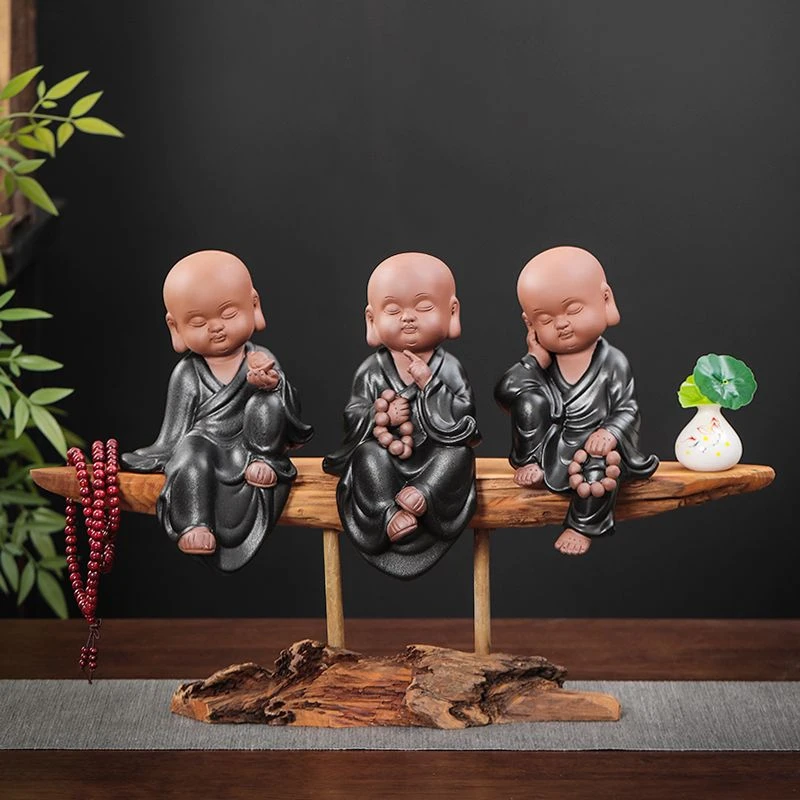 云觉坊创意客厅黑陶小和尚沙弥根雕配件展厅 精美手工家居装饰品