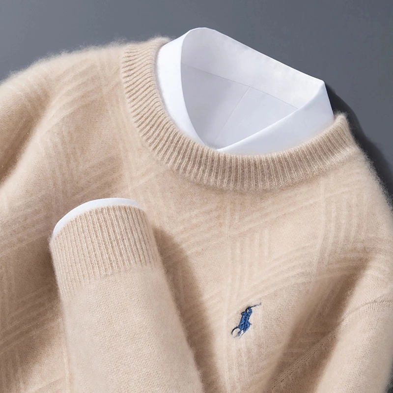 高端商务型~100%纯羊毛衫圆领刺绣厚款宽松百搭针织衫男士P4