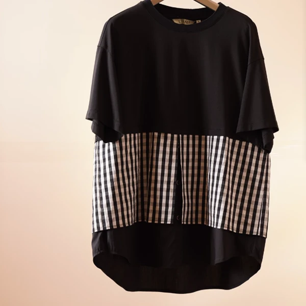 夏季时尚宽松拼接格子假两件