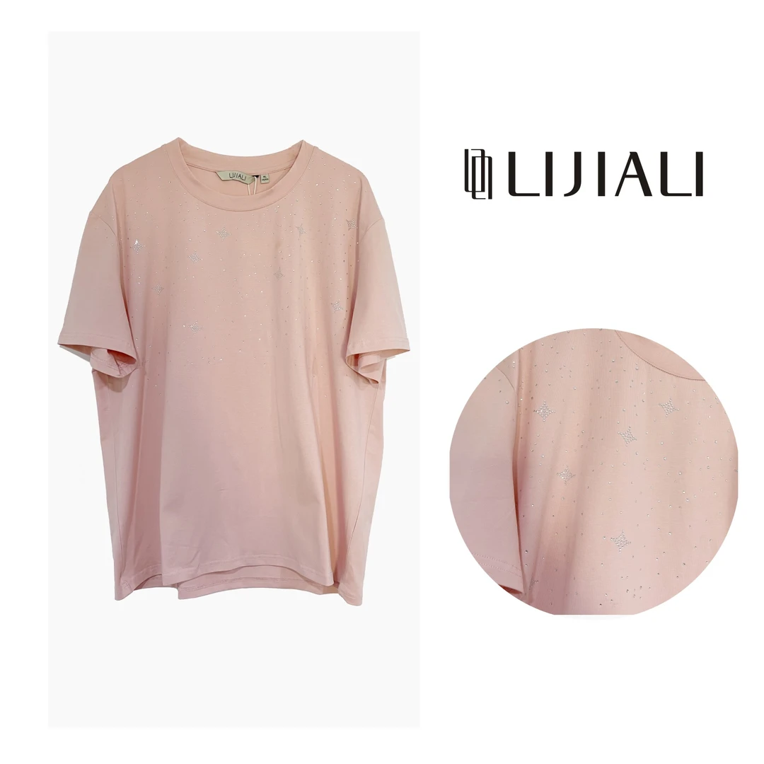 LIJIALI/莉佳丽--圆领印花女士时尚大码女装针织烫钻短袖t恤