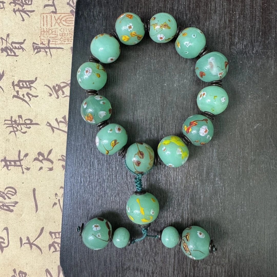 老琉璃复古百搭绿色万花手捻4110510