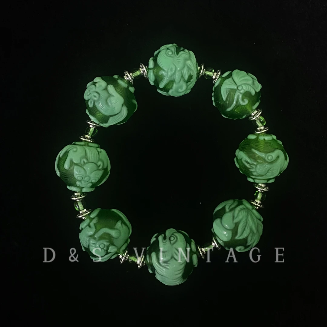 老琉璃绿色雕刻珠手串重工卡20mm（4102508）