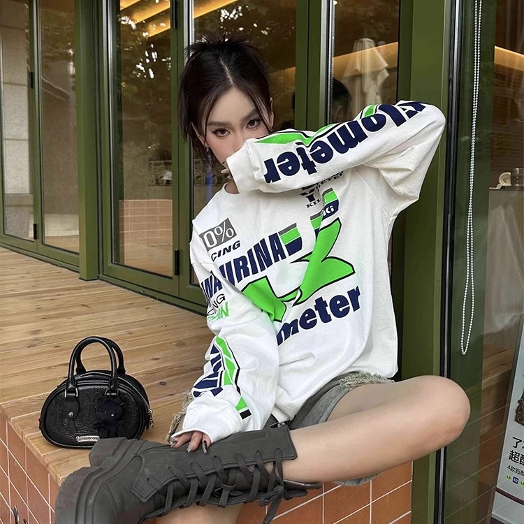 YURINA AOKI 23AW 洗水复古印花潮流宽松休闲百搭圆领男女长袖T恤