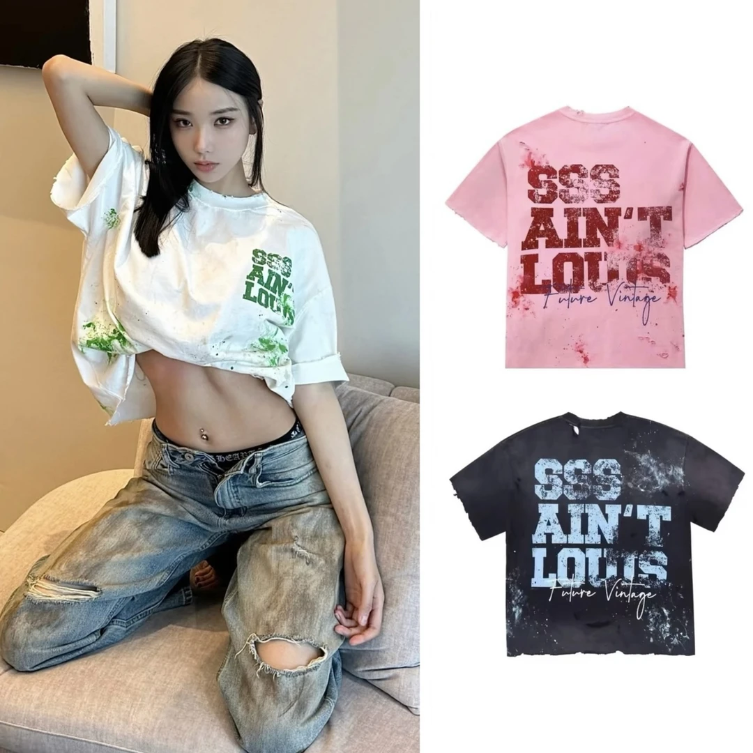 【刘耀文卓仕琳同款】SSSaint Louis手工做脏做旧破坏泼墨T恤短袖潮