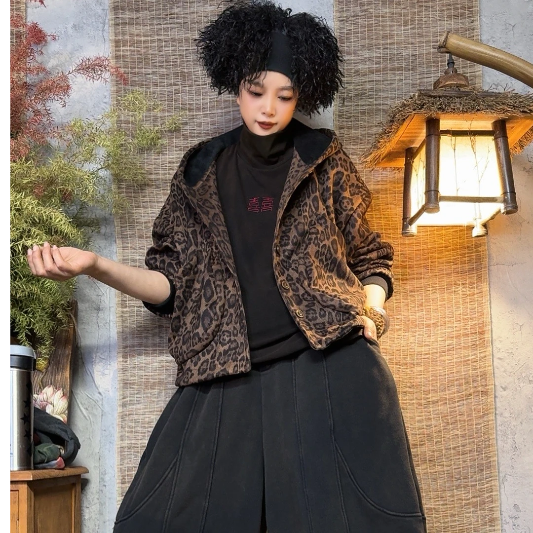 208款冬季宽松洋气潮流个性加绒连帽豹纹棉衣【胸围140衣长58】