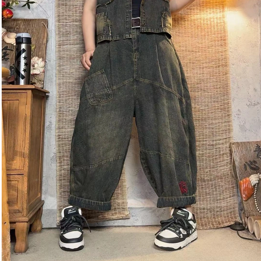 2717款早秋款宽松休闲时尚复古潮流个性韩版水洗做旧牛仔哈伦裤