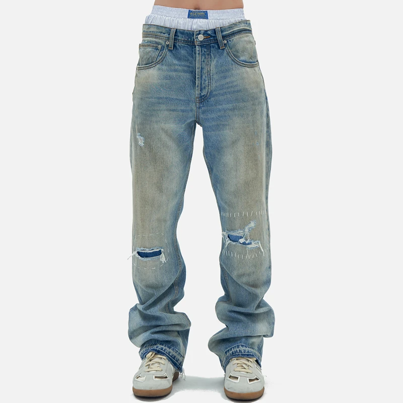 官方直营Epide Prefab水洗做旧破坏手工刺子缝线补丁喇叭牛仔裤