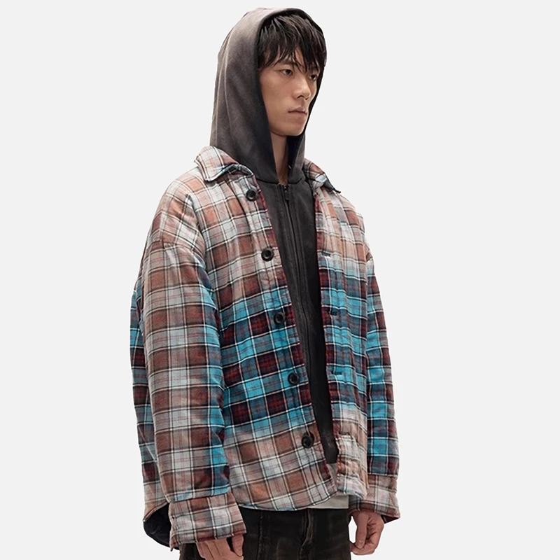 官方直营Epide Prefab水洗做旧褪色假两件连帽格子衬衫夹棉夹克