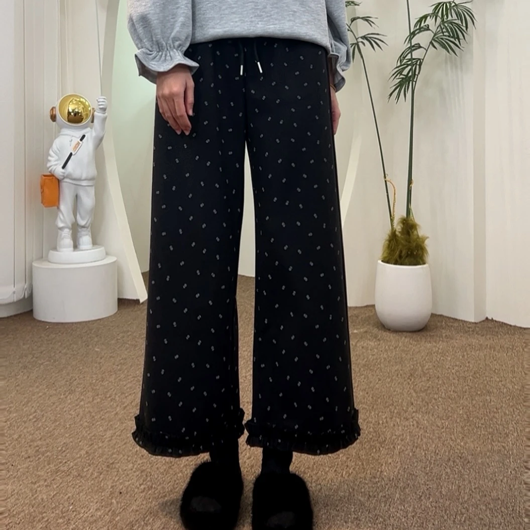 B51701秋冬新款碎花韩版时尚花边设计感休闲裤宽松抽绳阔腿长裤