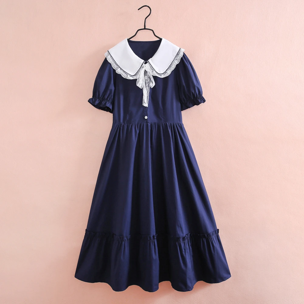 宽松大童韩版中长款娃娃领夏季新款中学生少女过膝长裙子学院风