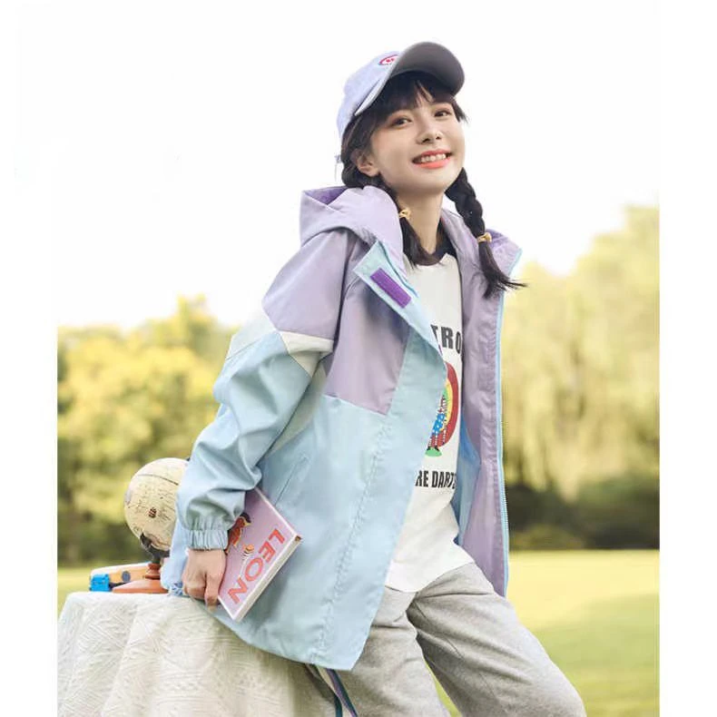 初中休闲韩版宽松外套少女大童冲锋衣时尚高中女生连帽洋气派克服