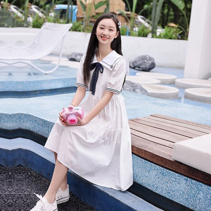 少女连衣裙女夏季新款2025年时尚洋气海军风初中学生白色中长裙子