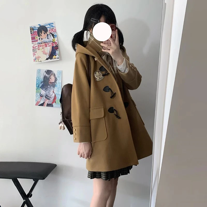 jk毛呢外套女小个子秋冬新款驼色牛角扣夹棉加厚毛呢大衣莱克学院