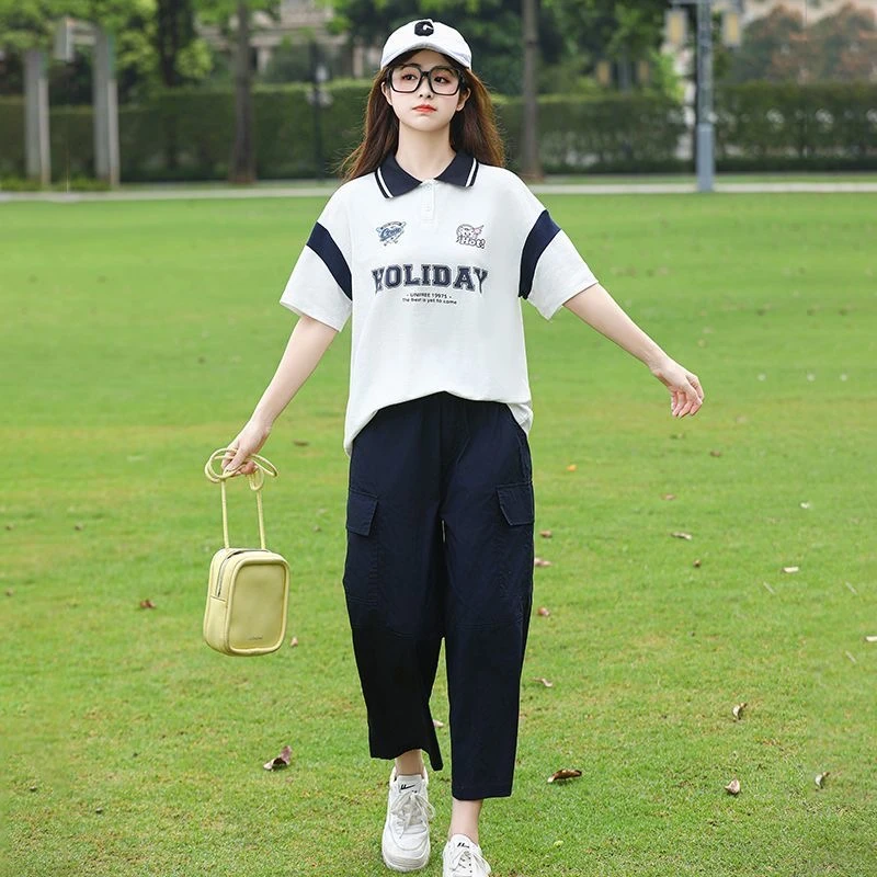 初中学生短袖T恤少女大童学院风运动POLO领高中女生夏装宽松上衣