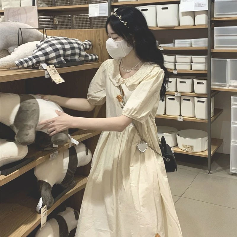 刺绣夏季夏娃娃领法式初恋奶甜裙子温柔风甜美收腰茶歇桔梗长裙