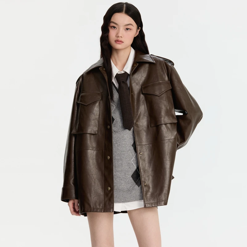 【瑞妮专属】REVAN芮范24冬季新品松弛感复古咖色皮衣RM90110034