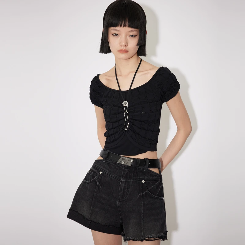 REVAN芮范24夏新品酷感循环扣黑色显瘦毛衫RM30601263