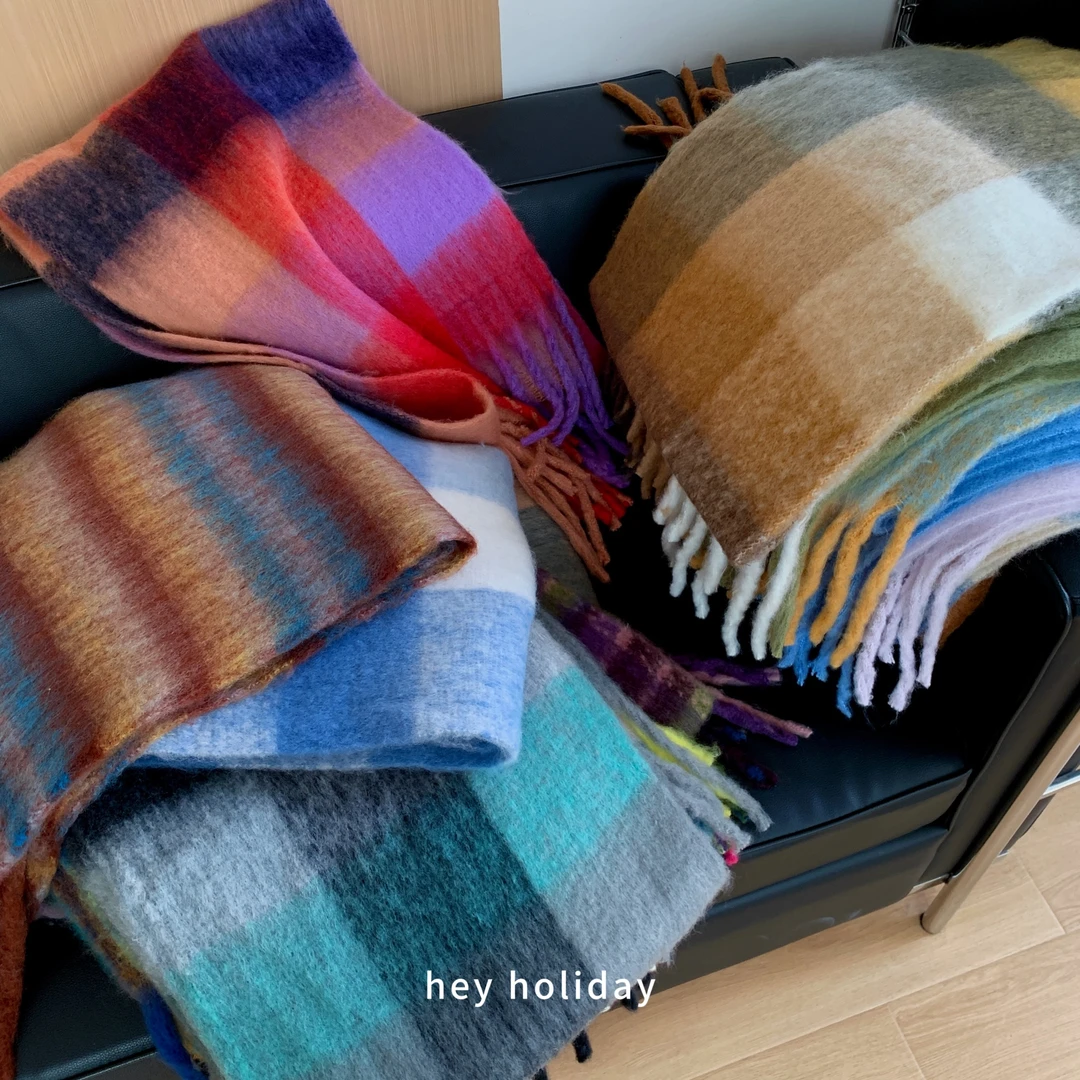 韩版高级感多巴胺围巾秋冬时尚经典保暖格纹围巾冬季拼色百搭网红