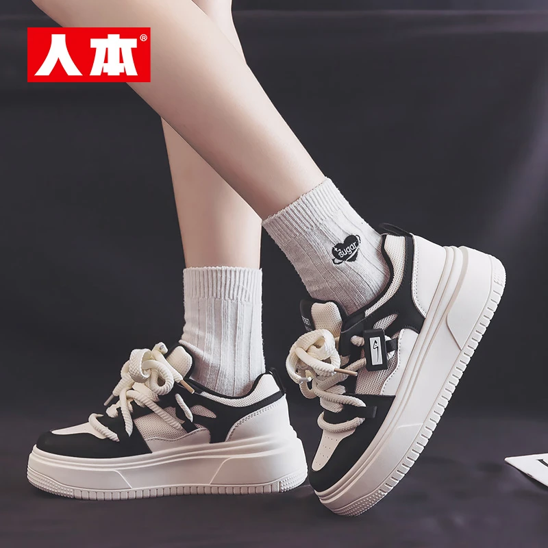 人本小白鞋2024夏季新款女鞋休闲百搭小众网面板鞋透气增高厚底鞋