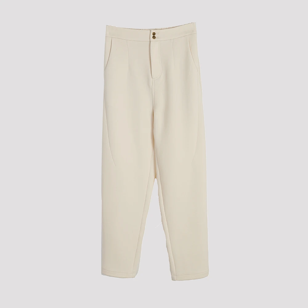 陌妆纯色简约女士松紧腰双粒扣休闲裤秋冬保暖长裤直筒裤女33996