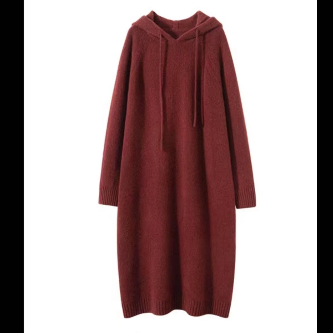 高端纯山羊绒秋冬五针加厚长裙帽衫时尚宽松休闲暖诺轻滑透气养肤