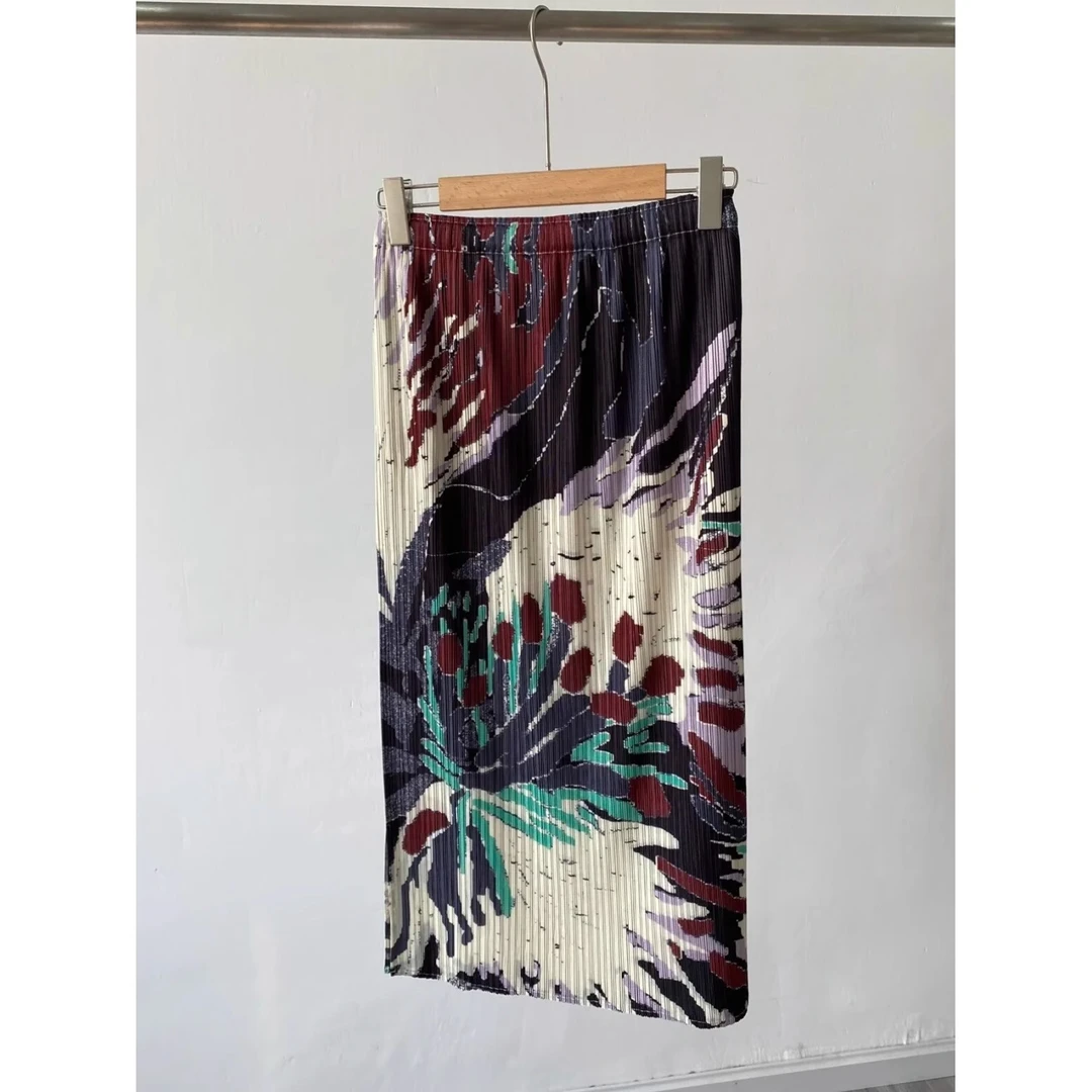 三宅高端褶皱半身裙女夏季花色直筒裙气质显瘦高腰印花百褶长裙