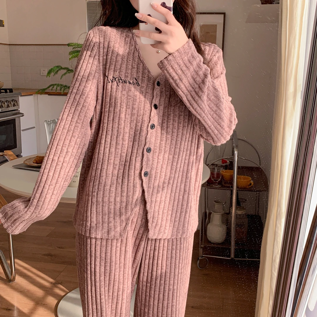 带胸垫睡衣女春秋款长袖长裤条纹新款秋甜美公主风韩版时尚家居服