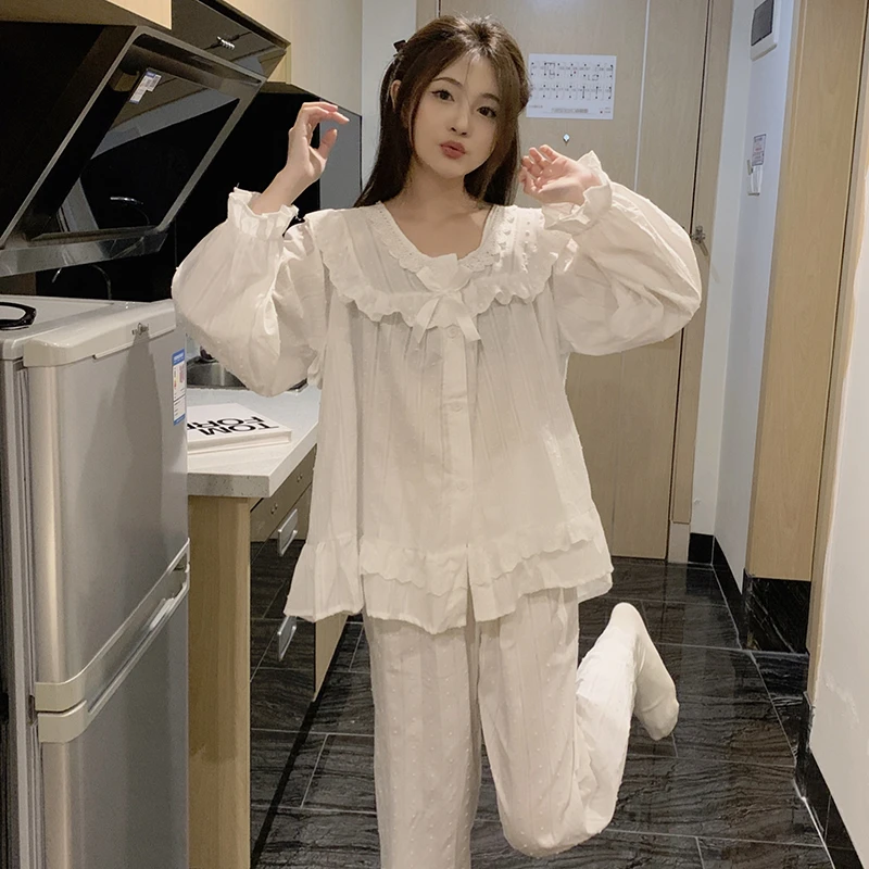 法式宫廷风睡衣女生春秋季新款纯棉长袖开衫韩版休闲家居服可外穿