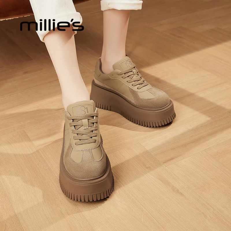 妙丽真皮松糕厚底板鞋女小个子增高休闲鞋女款2025爆款增高运动鞋