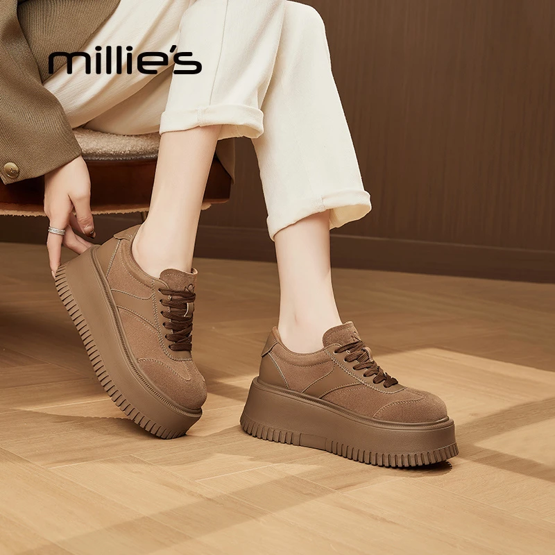 妙丽真皮高颜值厚底鞋女款2025新款爆款松糕鞋增高小个子轻奢女鞋