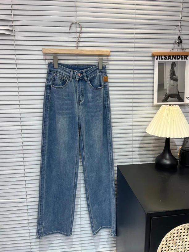 蓝色高腰阔腿微开叉裤