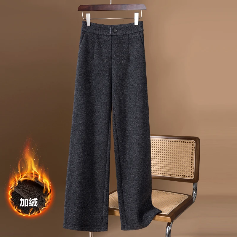 高品质毛呢阔腿裤女加厚直筒裤中老年高腰外穿休闲裤宽松秋冬长裤