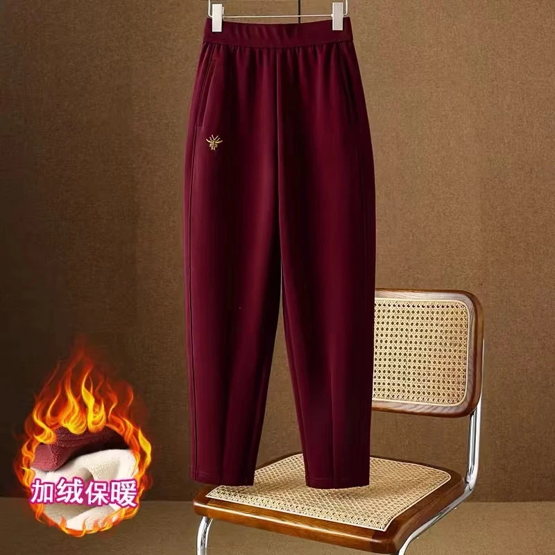 安可拉红色裤子2024秋冬大码加绒加厚显瘦高腰中老年女裤哈伦裤