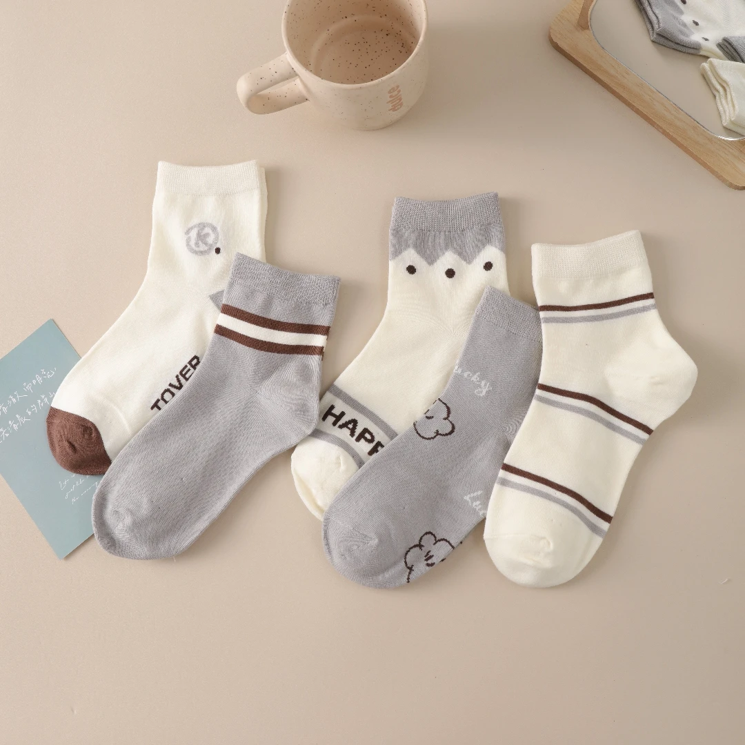 女士中筒棉袜秋季新款灰色百搭时尚透气吸汗不臭脚D007清新女中筒