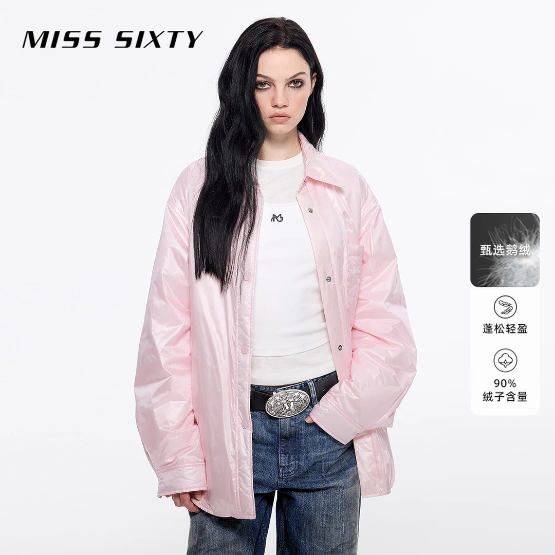Miss Sixty冬季新款羽绒服女衬衫领薄款宽松时尚亮面鹅绒服