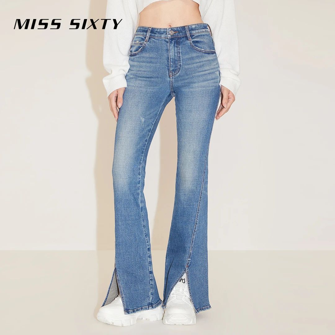 【贤哥专享】Miss Sixty春季新款牛仔裤女复古微喇开衩显瘦磨破百搭