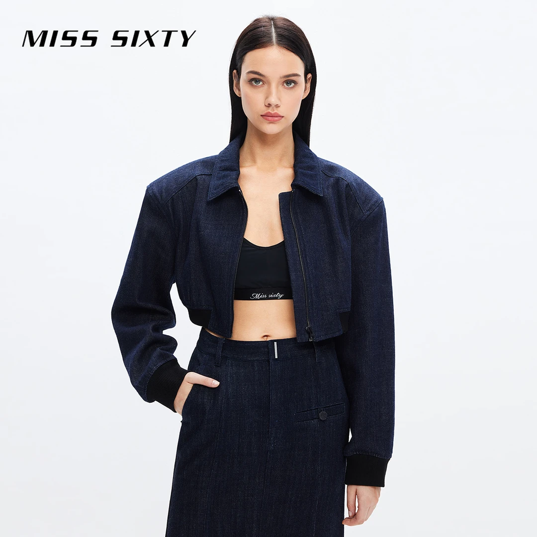 【达人专属】Miss Sixty秋季新款牛仔外套女翻领拉链短款夹克帅气复
